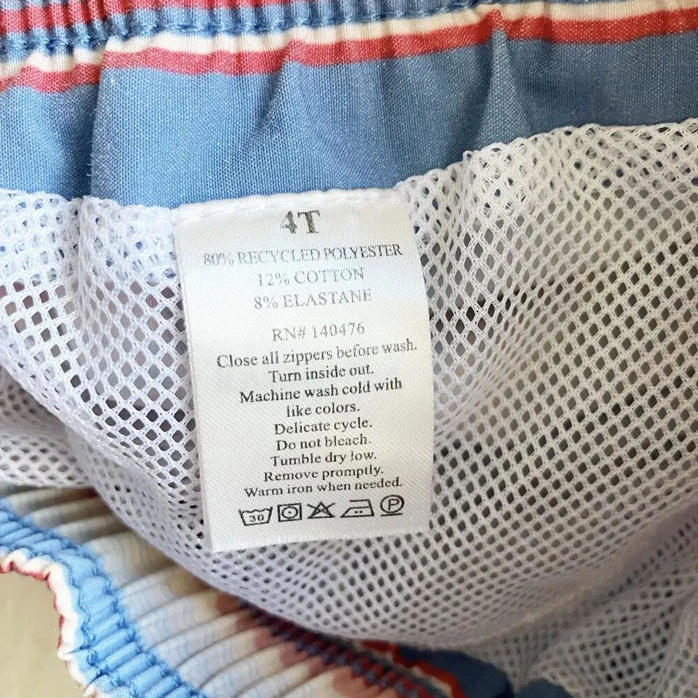 Faherty Board Shorts Swim Trunks Boys Sz 4T Blue Striped Retro Classic Pockets